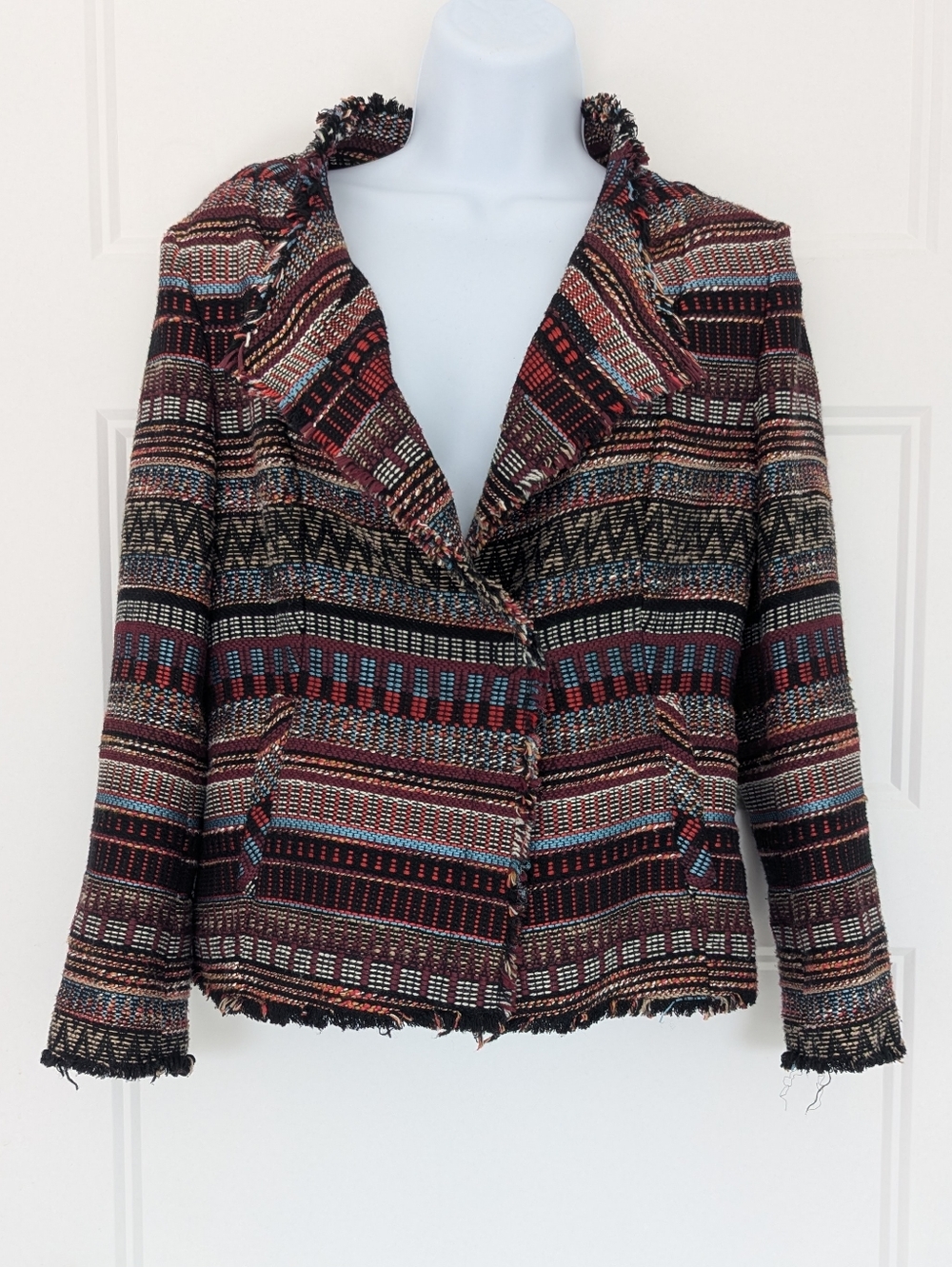 RIANI Textured Tweed Blazer Jacket Size 4 Fringe Trim Multicolor Designer